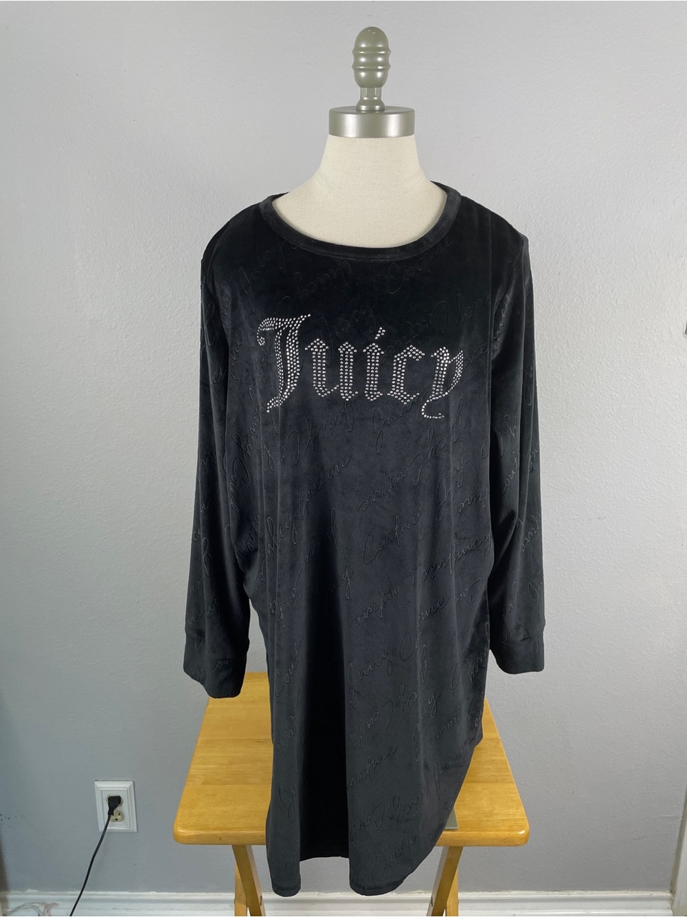 Juicy Couture Sleepwear Rhinestone Logo Black Velour Nightgown Long Sleeve 1X